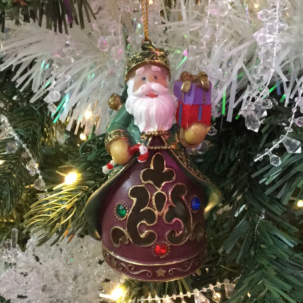 Festive Santa Ornament with Gift - Green and Red